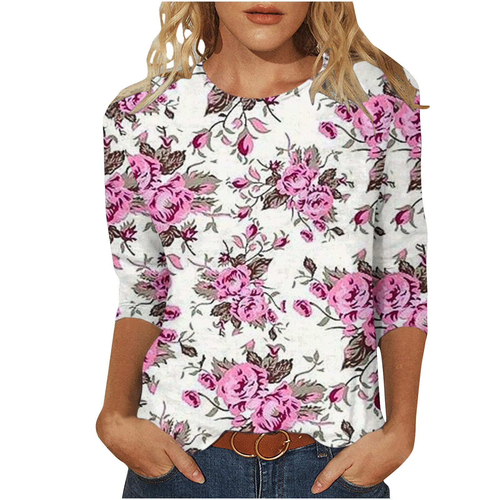 Pbnbp Womens 3/4 Sleeve Summer Tops Fashion Floral Crewneck Summer Tops
