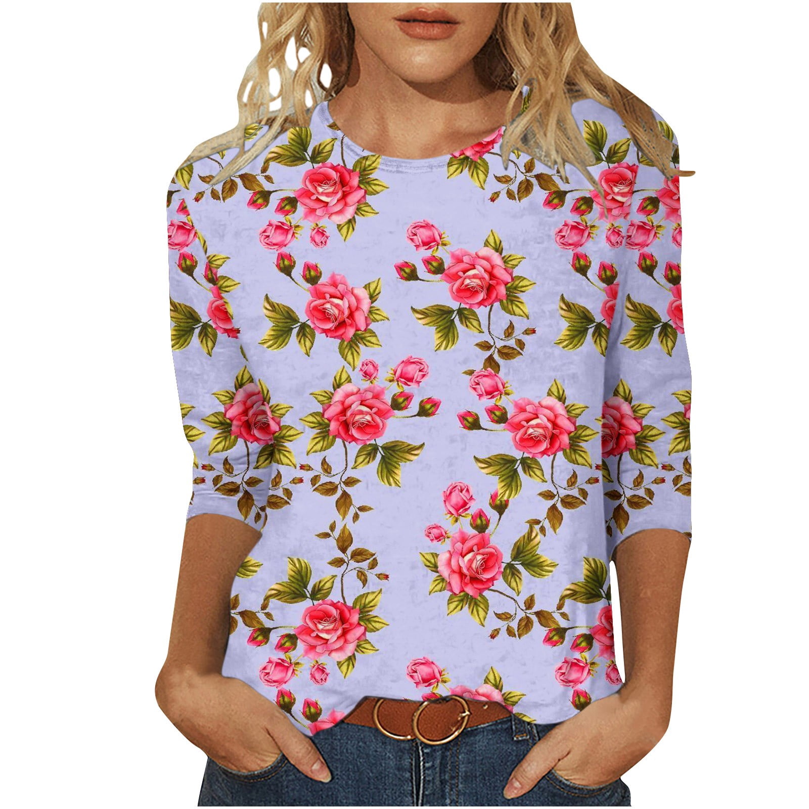Pbnbp Womens 3/4 Sleeve Summer Tops Fashion Floral Crewneck Summer Tops