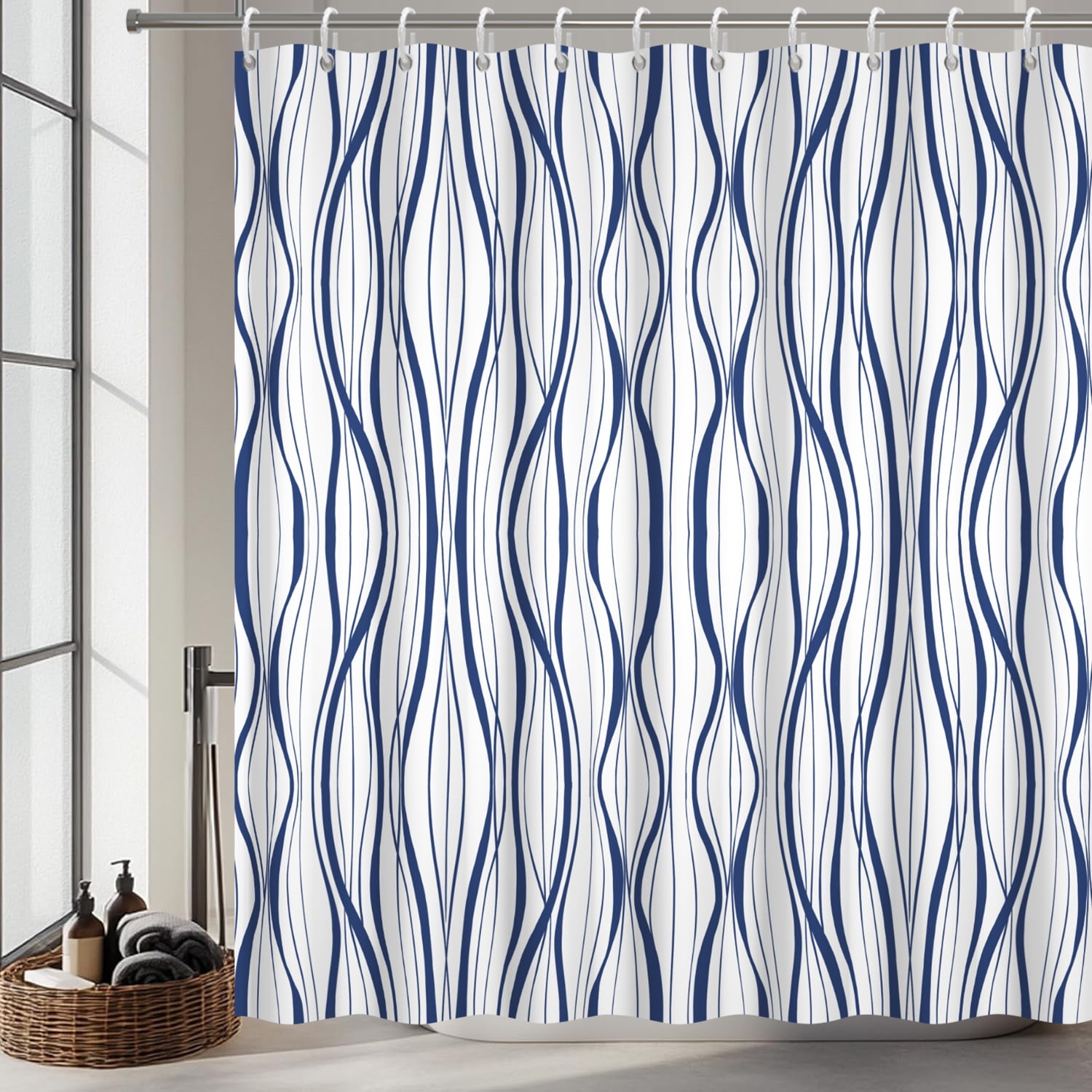 Pbobriich Abstract Striped Shower Curtain for Bathroom Navy Blue Modern Minimalist Shower Curtain with Hooks,72x78 Inches