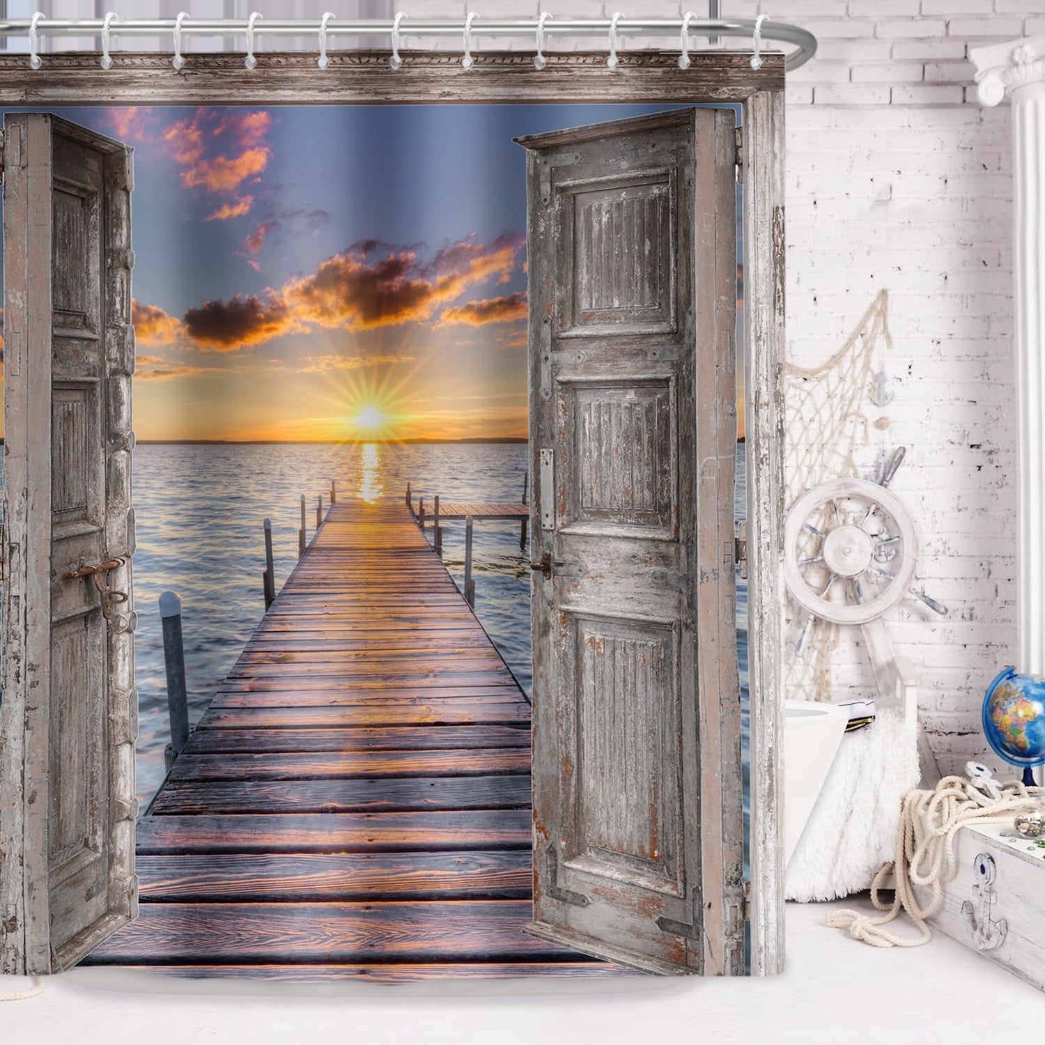 Pbobriich Beach Coastal Shower Curtain for Bathroom Summer Seaside Shower Curtain with Hooks,Wooden Grain Barn Door Design,72x78 Inches