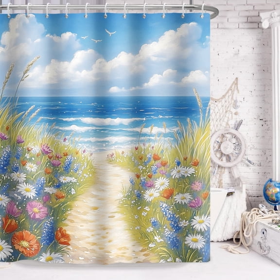 Pbobriich Beach Shower Curtain Spring Summer Ocean Coastal Beachy Blue Sea Floral Fabric Bath Curtain,72x72 Inch