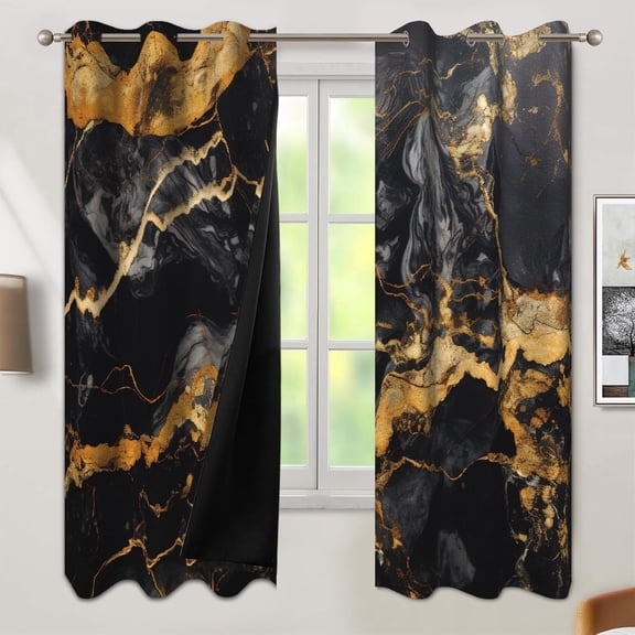 Pbobriich Black Blackout Curtains for Bedroom Living Room 2 Panels Black Gold Marble Blackout Curtains Abstract Curtains,42x63 Inches