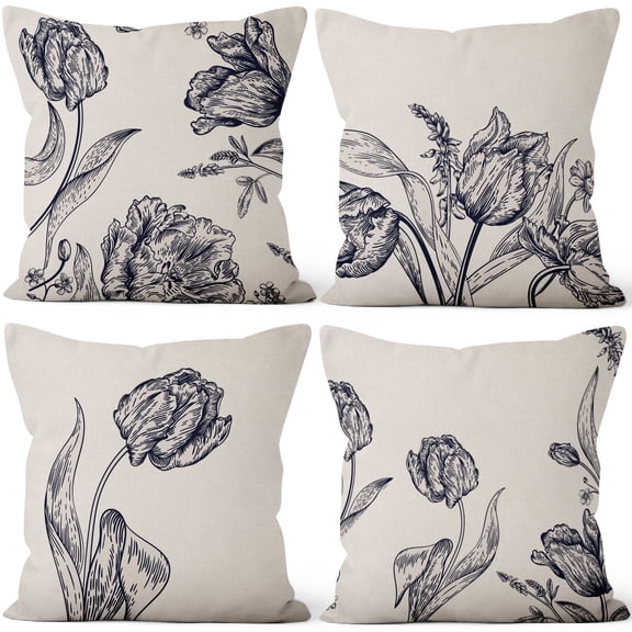 Pbobriich Black White Throw Pillow Cover 16x16 Set of 4 Minimalist Flower Linen Cushion Cover for Sofa Couch