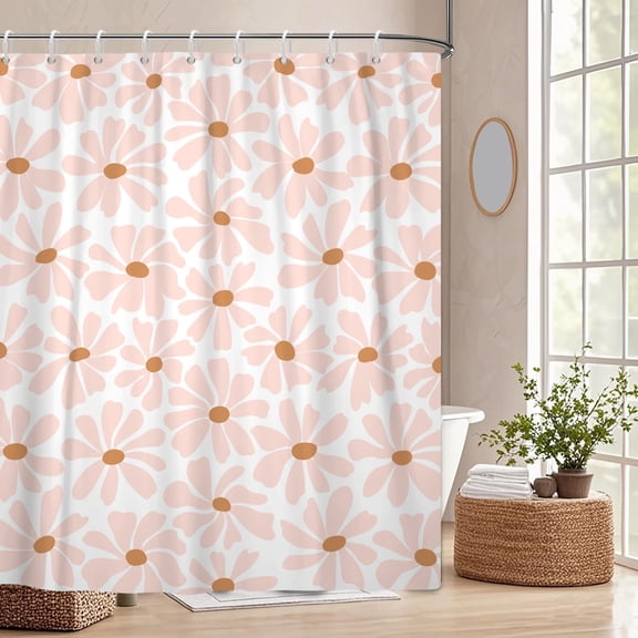 Pbobriich Blush Pink Daisy Floral Shower Curtain,Spring Flower Shower Curtain for Girly Bathroom,Minimalist White Bathroom Decor,72"x72"