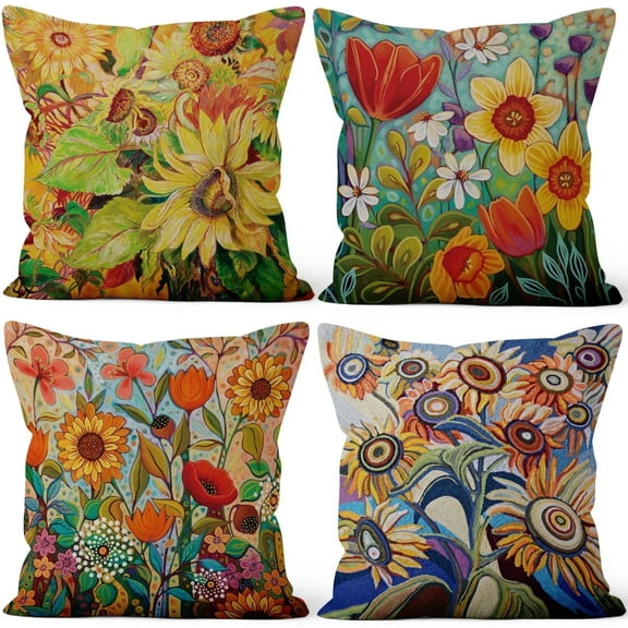 Pbobriich Boho Flower Pillow Case 18x18 4 PCS Oil Painting Pillow Cover Linen Square Cushion Covers for Sofa