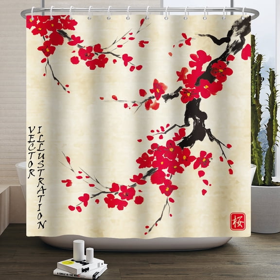 Pbobriich Chinese Japanese Style Shower Curtain,Vintage Red Plum Blossom Bathroom Curtain with Hooks,72"x72"