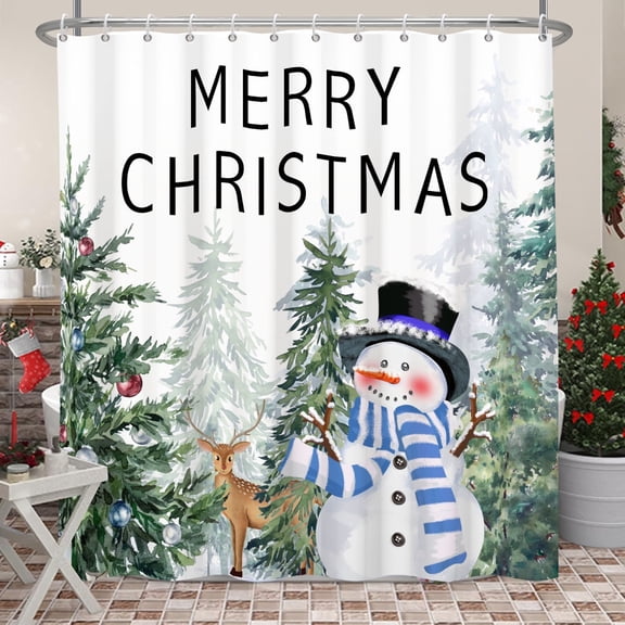 Pbobriich Christmas Shower Curtain Snowman Pine Waterproof Curtain for Bathroom, 72x72 Inch Polyester Fabric