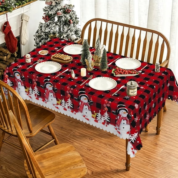 Pbobriich Christmas Tablecloth for Rectangle Tables Snowman Red Black Checkered Table Cover for Dining Kitchen Decor Party Banquet, 60x84 Inch