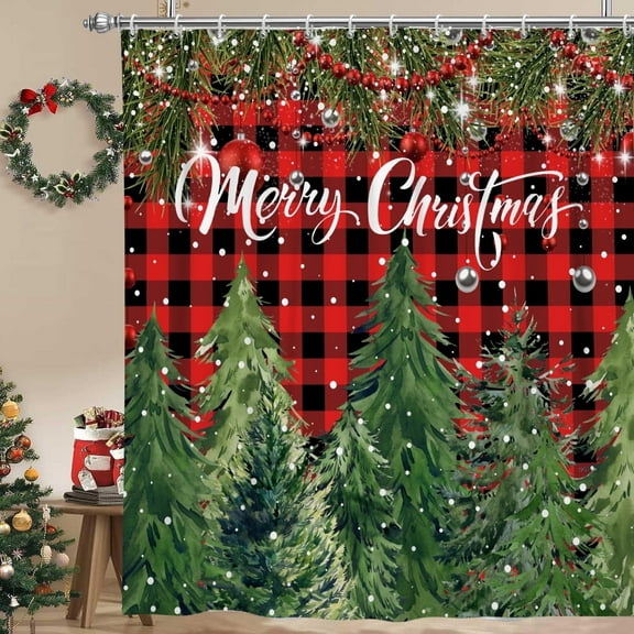 Pbobriich Christmas Trees Fabric Shower Curtain,Farmhouse Red Black Waterproof Bath Curtain with Hooks,72"x72"