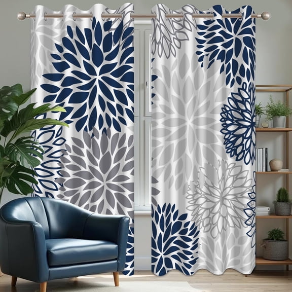 Pbobriich Dahlia Blackout Curtains,Blue and Grey Floral Drapes Thermal Insulated Window Curtain for Bedroom 52x84 Inch Set 2 Panels