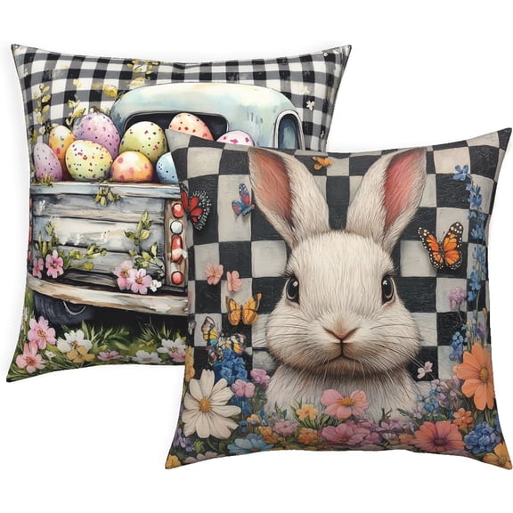 Pbobriich Easter Bunny Buffalo Plaid Throw Pillow Cover Set of 2 Spring Colorful Eggs Cushion Case Decoration for Sofa Couch,16x16 Inch