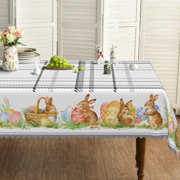 Pbobriich Easter Plaided Tablecloth Rectangle Bunny Eggs Table Cover Spring Holiday Table Cloth for Happy Easter Spring Holiday Party,60x84 Inch