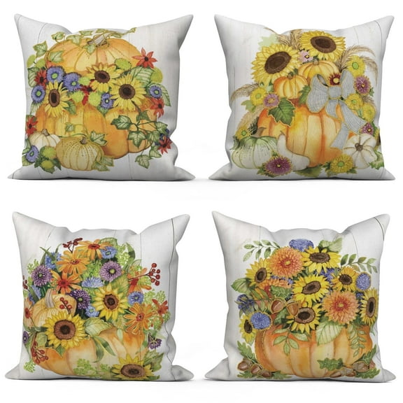 Fall Pumpkins Outdoor Pillow Cover Set of 4,Autumn Floral Home Decor Cushion Cover Linen Pillow Cases,18x18