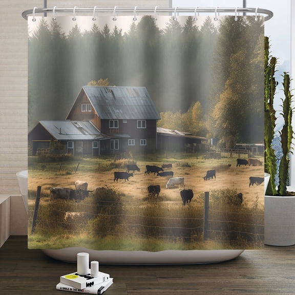 Pbobriich Farmhouse Farm Barn Shower Curtain,Rustic Animals Cow Bathroom Curtain,47"x71"