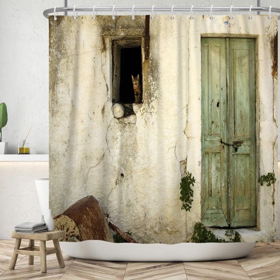 Pbobriich Farmhouse Street Fabric Shower Curtain,Rustic Door Waterproof Bath Curtain with Hooks,47"x71"