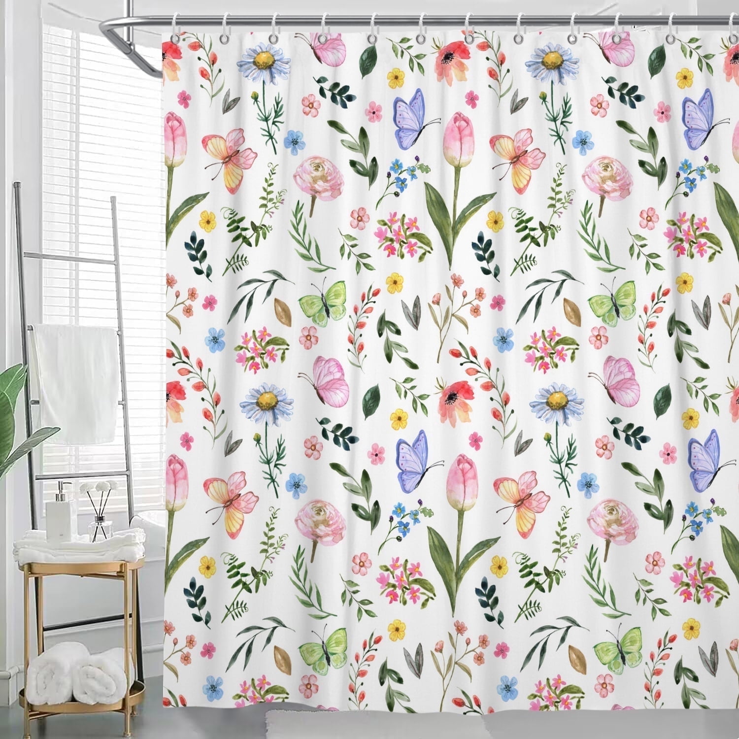 Pbobriich Floral Shower Curtain, Colorful Wildflower Shower Curtain with 12 Hooks , 72” x 72”