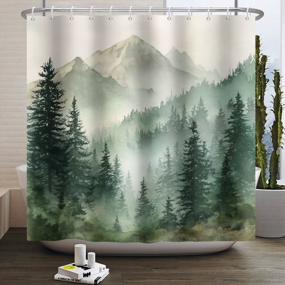 Pbobriich Forest Mountain Shower Curtain Green Nature Misty Pine Tree Shower Curtains for Bathroom,72x72 Inches Waterproof Fabric Modern Decor