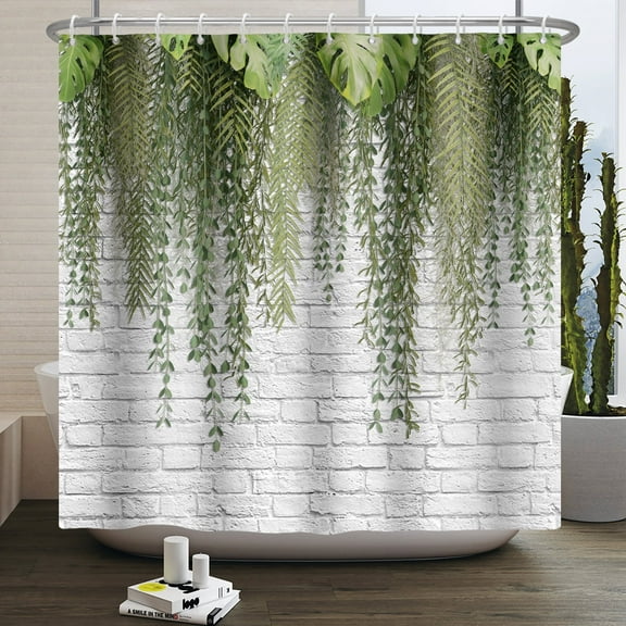 Pbobriich Gray Brick Shower Curtain,Country Green Leaves Bathroom Shower Curtain with Hooks,60Wx72L