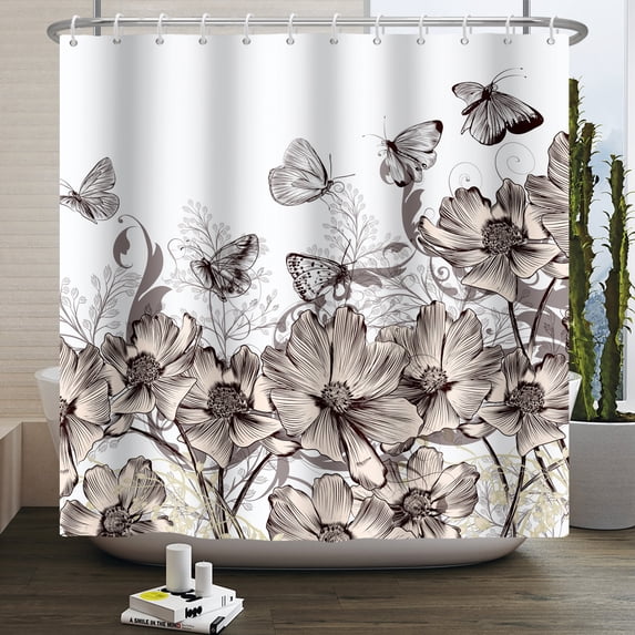 Pbobriich Gray Floral Flower Shower Curtains,Grey Butterfly Bath Curtain,Farmhouse Rustic Bathroom Curtain,60"x72"