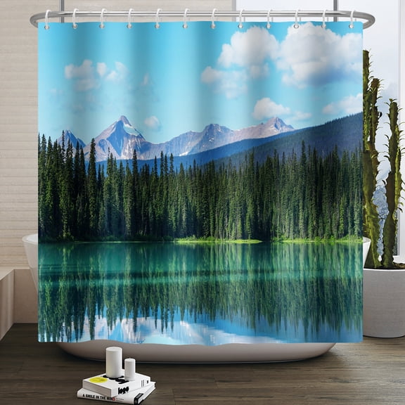 Pbobriich Green Forest Trees Shower Curtains,Mountain and Lake Water Bath Curtain for Bathroom Decor,60"x72"