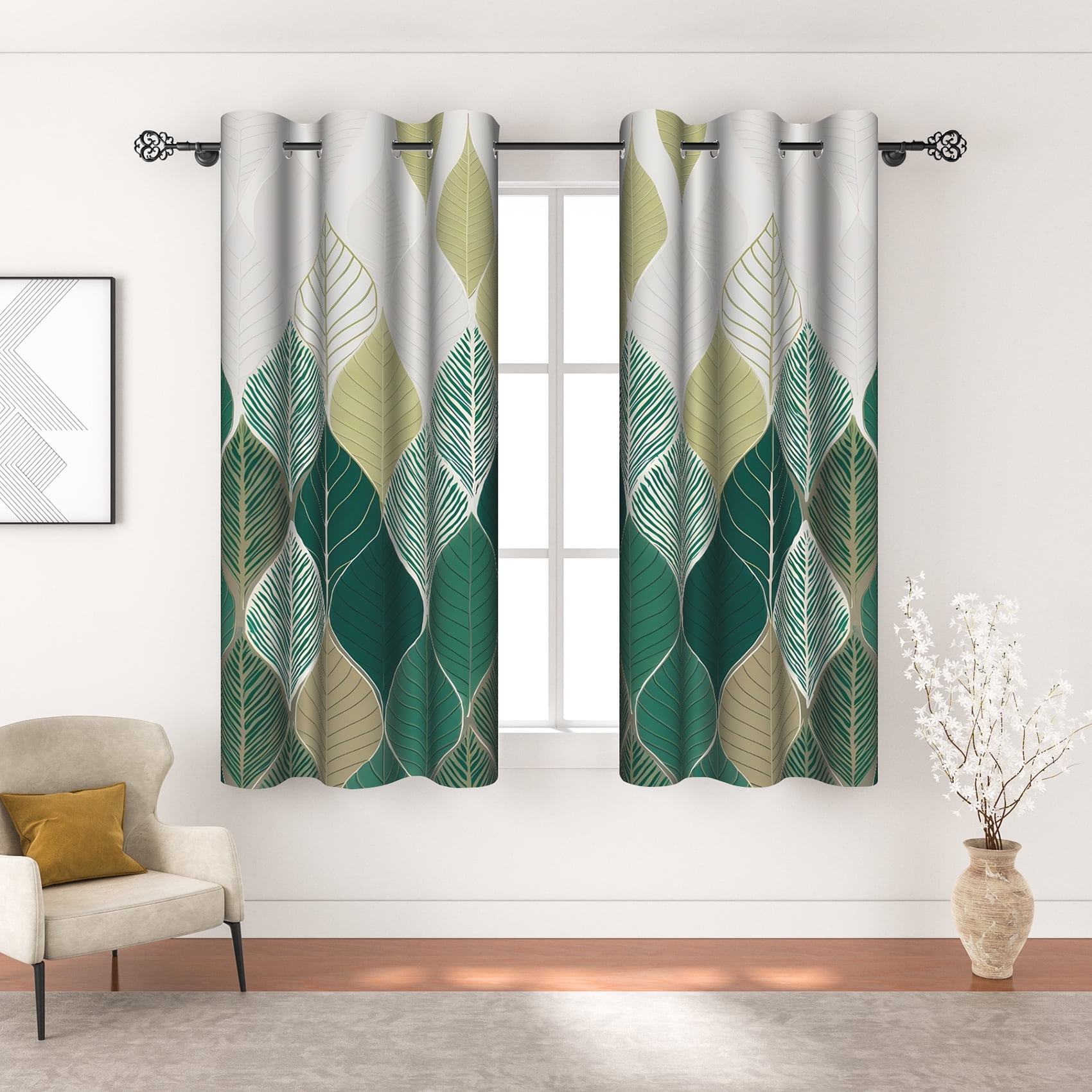 Pbobriich Green Leaves Blackout Curtains,Farmhouse Abstract Window Curtain for Bedroom 42x63 Inch Set 2 Panels