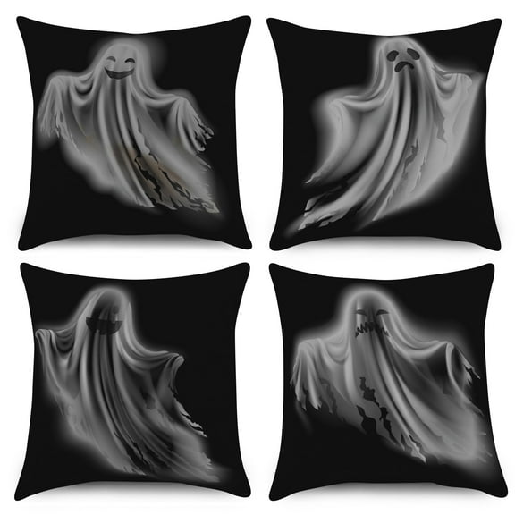 Pbobriich Halloween Pillow Case 18x18 Set of 4,Ghost Halloween Throw Pillow Cover Linen Cushion Case for Sofa Couch