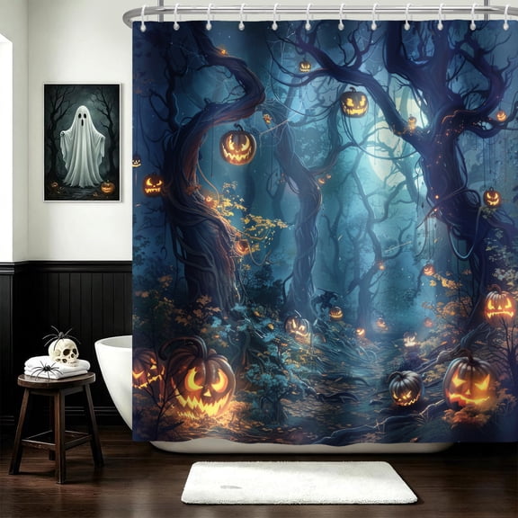 Pbobriich Halloween Shower Curtain Gothic Graveyard Tombstone Pumpkin Spooky Forest Full Moon Bath Curtain with Hooks, 72x72 Inch