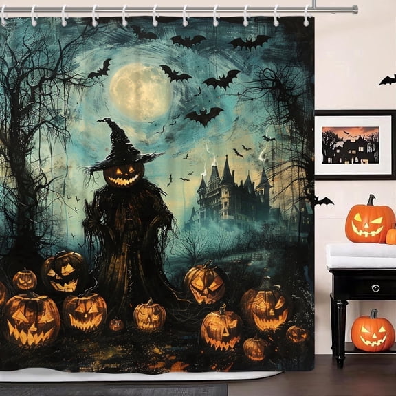 Pbobriich Halloween Shower Curtain, Scarecrow Pumpkin Lantern Bat Bathroom Curtain with Hooks, 72” x 72”