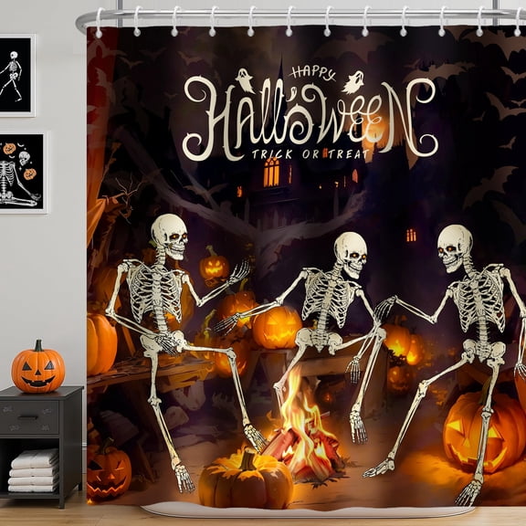 Pbobriich Halloween Skull Shower Curtain Skeleton Pumpkin Bonfire Bathroom Curtain with Hooks, 72x72 Inches Waterproof Fabric Modern Decor
