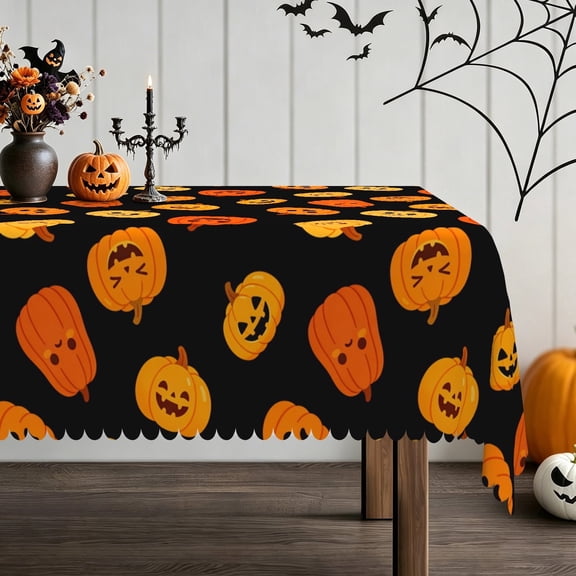 Pbobriich Halloween Tablecloth, Black Background Spooky Pumpkin Print, Table Cover for Dining Kitchen Decor Party, 60x84