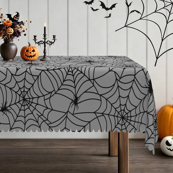 Pbobriich Gray Halloween Tablecloth, Spider Web Rectangle Table Cover for Dining Kitchen Decor Party, 60x84