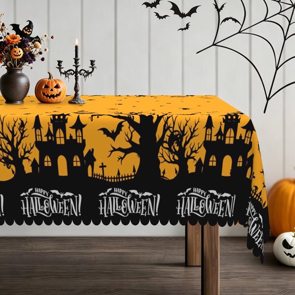 Pbobriich Yellow Halloween Tablecloth, Castle Bat Rectangle Table Cloth for Kitchen Dinner Decor, 60x84 Inch