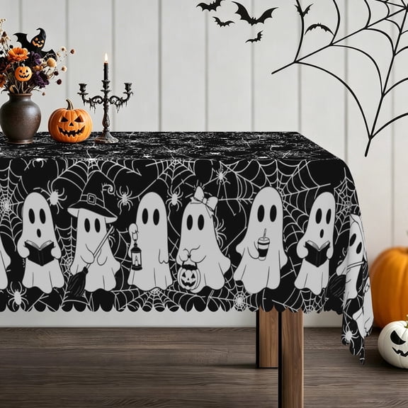 Pbobriich Halloween Tablecloth for Rectangle Table Ghosts Spider Webs Table Cloth for Dining Room Decor, 60x84 Inch