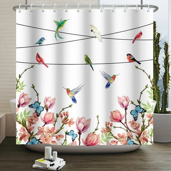 Pbobriich Hummingbird Shower Curtain,Rustic Pink Flower Bathroom Shower Curtain with Hooks,72Wx72L