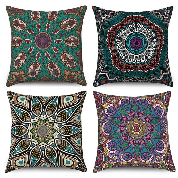 Pbobriich Mandala Throw Pillow Cushion Case Set of 4,Colorful Ethnic Bloom Decorative Pillow Cover for Sofa Couch,18x18in