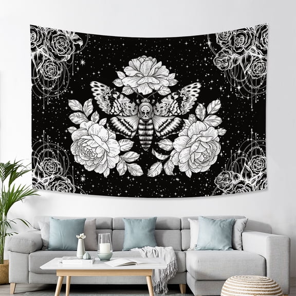 Pbobriich Moth Tapestry Black and White Floral Aesthetic Tapestries Wall Hanging for Bedroom Dorm,40Wx28H