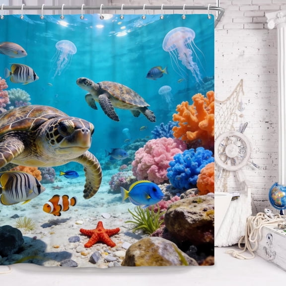Pbobriich Ocean Turtles Fabric Shower Curtain Summer Blue Underwater Jellyfish Bathroom Curtain with Hooks 72"x72"