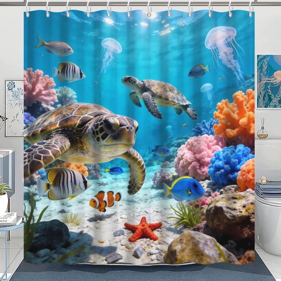 Pbobriich Ocean Turtles Fabric Shower Curtain Summer Blue Underwater Jellyfish Bathroom Curtain with Hooks 72"x72"