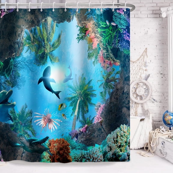 Pbobriich Ocean Undersea Shower Curtain for Bathroom Summer Shark and Turtle Bluey Ocean Shower Curtain with Hooks,47x71 Inches