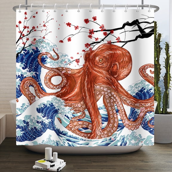 Pbobriich Octopus Shower Curtain for Bathroom,Blue Waves and Plum Blossom Bath Curtain with Hooks,47"x71"