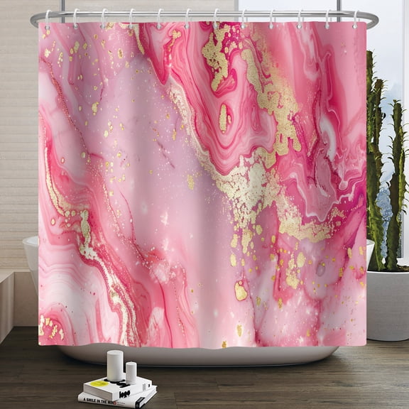 Pbobriich Pink Marble Shower Curtain,Modern Abstract Luxury Pink Gold Ink Texture Watercolor Art Bathroom Curtains with Hooks 47Wx71L