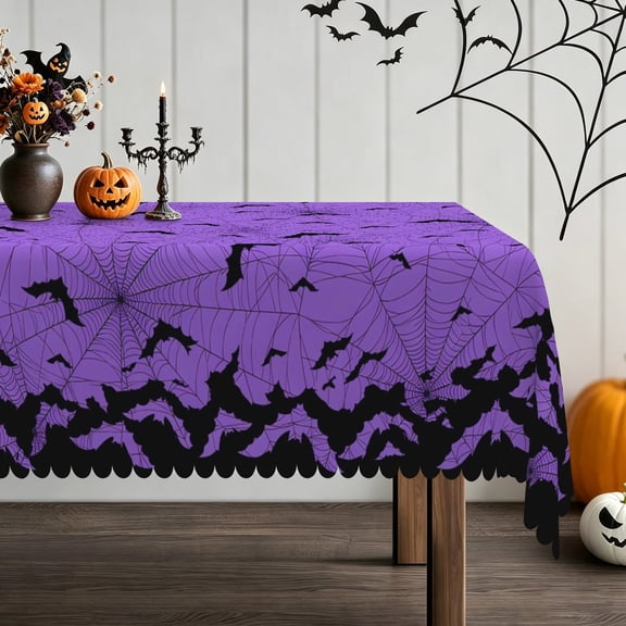 Pbobriich Purple Black Bats Spider Webs Tablecloth Halloween Table Cover for Rectangle Table, 60x84 Inch