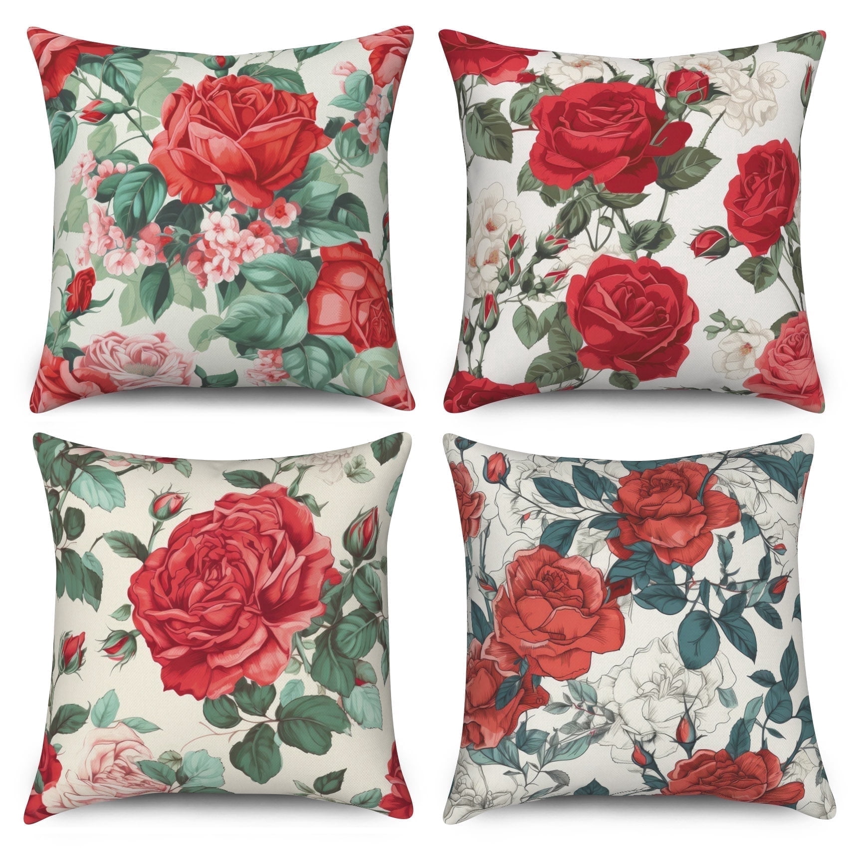 Pbobriich Red Romantic Roses Throw Pillow Covers Vintage Flower Bouquet Linen Square Pillowcases for Home Decor 16x16in,Set of 4