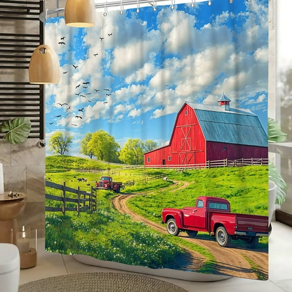 Pbobriich Green Shower Curtain,Retro Farmhouse Truck Bath Curtain with 12 Hooks,Waterproof,72x72