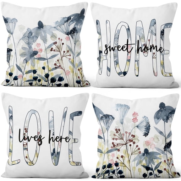 Pbobriich Set of 4 Throw Pillow Covers,16x16 Inch, Spring Blue Floral Linen Pillow Case for Living Room
