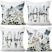 Pbobriich Set of 4 Throw Pillow Covers,18x18 Inch, Spring Blue Floral Linen Pillow Case for Living Room