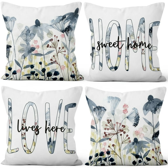 Pbobriich Set of 4 Throw Pillow Covers,18x18 Inch, Spring Blue Floral Linen Pillow Case for Living Room