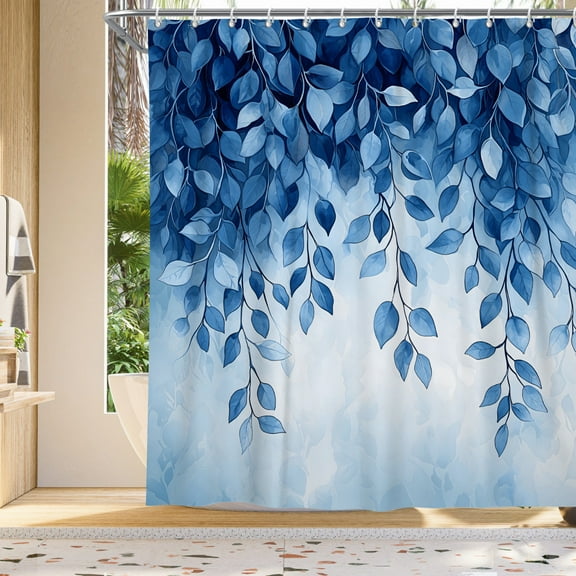 Pbobriich Blue Floral Fabric Shower Curtain,Blue Eucalyptus Waterproof Bathroom Curtain ,72''x72''