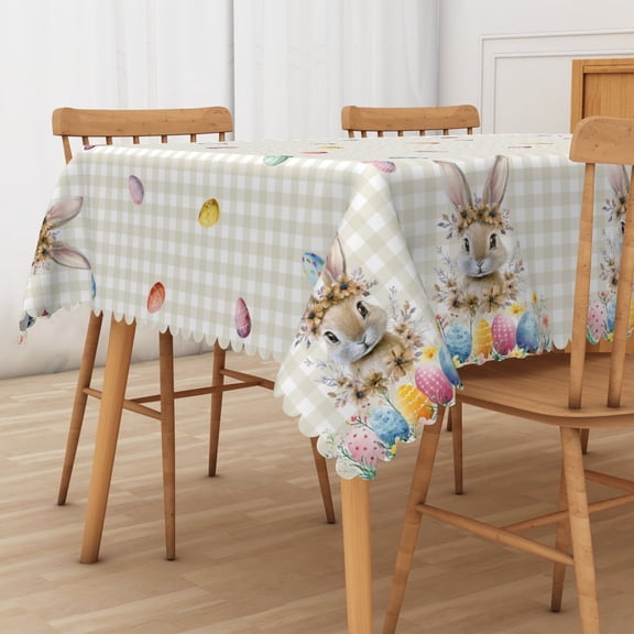 Pbobriich Spring Easter Bunny Tablecloth,Brown Bunny Colorful Eggs Table Cover for Party Picnic Dinner Decor,60x84