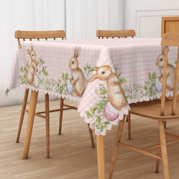 Pbobriich Spring Easter Bunny Tablecloth,Brown Bunny in Pink Checkered Table Cover for Party Picnic Dinner Decor,60x84